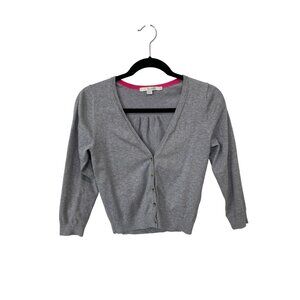 Boden Cropped Cardigan Sweater Size 2 Button Front V Neck 3/4 Sleeve Gray Layers